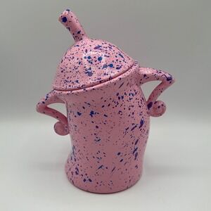 Canister With Attitude Pink Splatter Ceramic Lid Jar Whimsical Kitchen Desk Deco